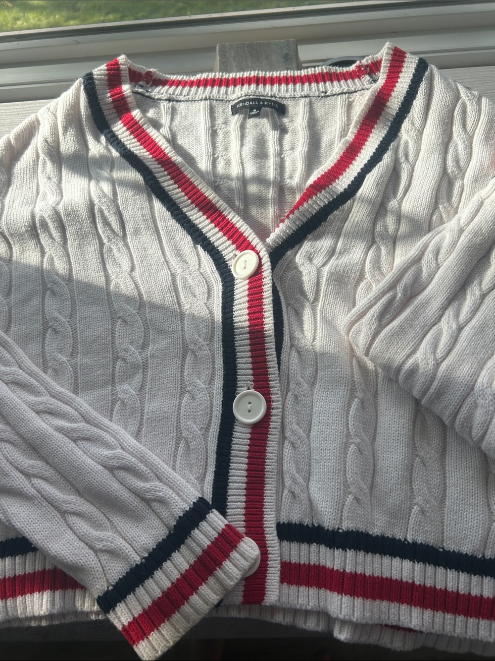 Kendall & Kylie White Cable-Knit Cardigan with Red & Navy Trim